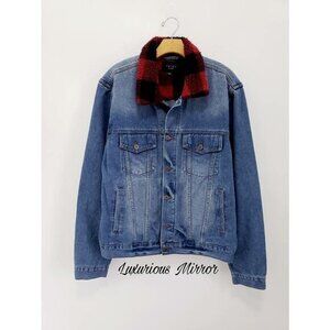 Triot Mens Jean Jacket Red Buffalo Plaid Blue Sherpa Collar Pocket Denim L New
